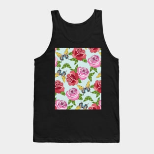 Roses And Butterflies Pattern On Blue Tank Top